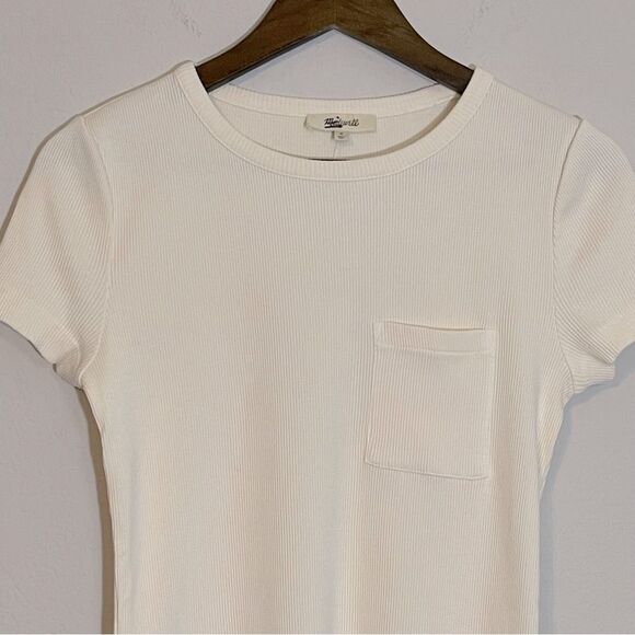 Madewell NWT Slim Fit Garment-Dyed Ribbed Crewneck Pocket Tee Size Medium Ivory - Picture 8 of 13
